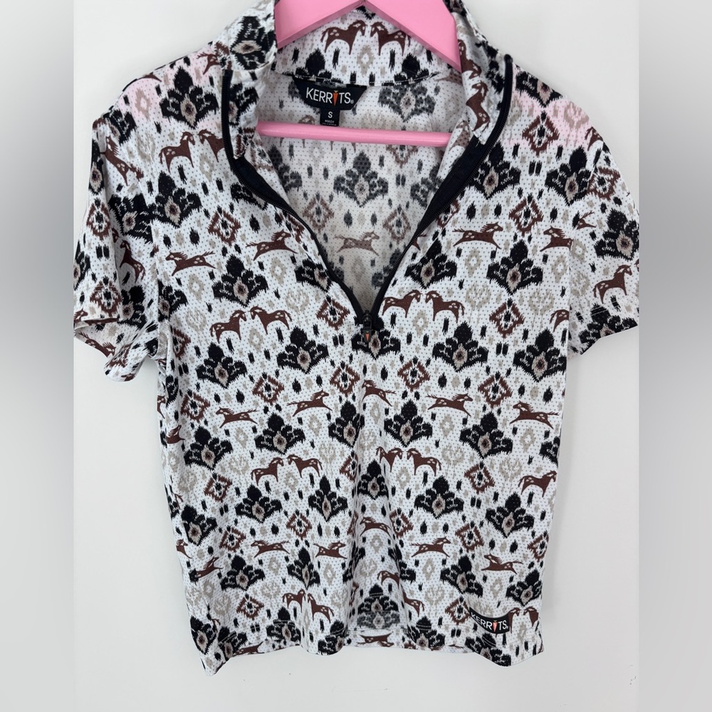 Kerrits Girl’s Black and Brown Patterned Top and Solid Black short sleeve top